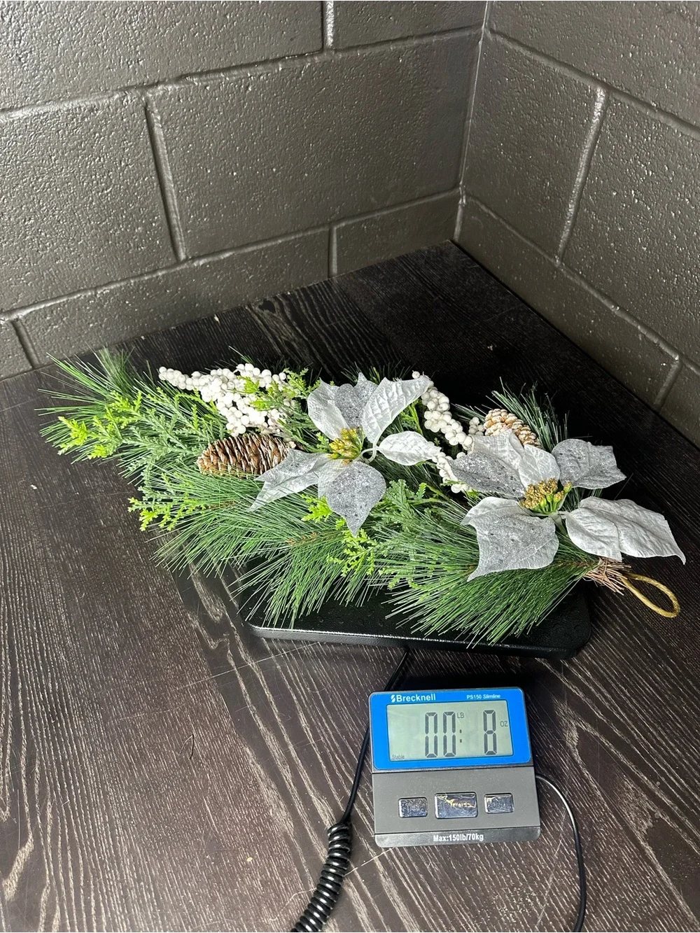 Festive Silver Poinsettia Pine Garland - Home Holiday - Pinecone Accent - 23x13